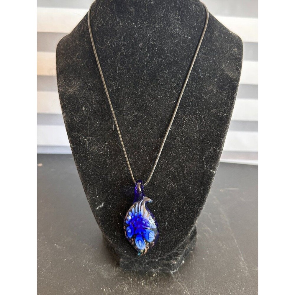 Millefiori Style Blue Glass Pendant Necklace Murano Style Flower Art Jewelry